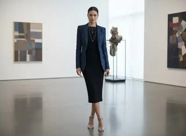 woman wearing a sleek black dress with a jewel tone blazer and minimalist heels
