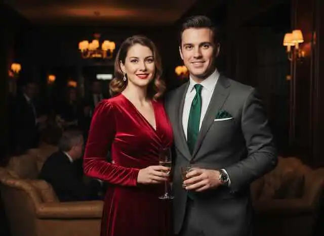 woman with a bold red lip wearing velvet; man wearing a deep green tie