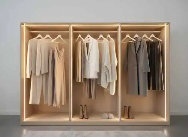 a clean, minimalist wardrobe featuring neutral toned holiday outfits hanging neatly