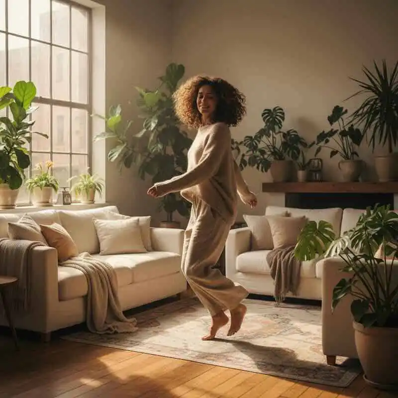 Woman dancing in a cozy sunlit living room with plants and neutral decor, creating a warm, inviting atmosphere.