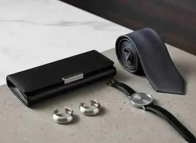 close up of metallic earrings and a sleek clutch beside a minimalist watch and tie