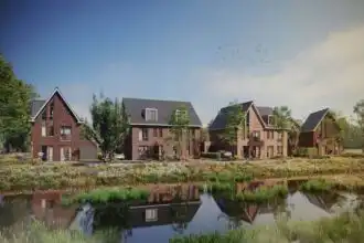 Beautiful suburban houses reflected in a peaceful lake setting, surrounded by greenery and trees. Perfect for serene living and real estate insights.