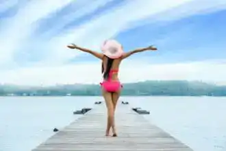 woman, bikini, lake, boardwalk, pier, jetty, hat, open arms, nature, swimsuit, swimwear, vacation, holiday, adult, freedom, girl, outdoors, water, young woman, blue water