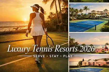 Woman walking on a tennis court at sunset with palm trees and ocean view.