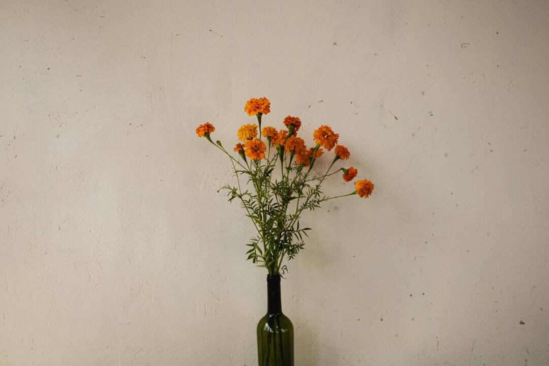 A green vase with orange flowers in it
