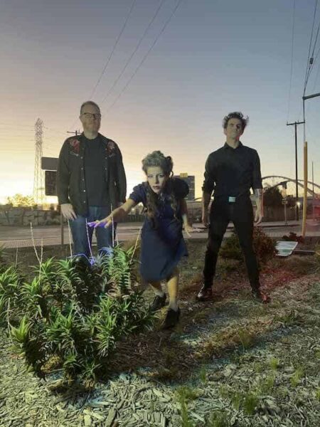 Alternative scene with three individuals outdoors at sunset, featuring a cannabis plant in the foreg.