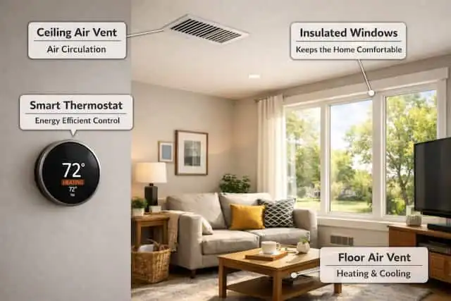 HVAC system components including ceiling air vent, insulated windows, smart thermostat, and floor ai.
