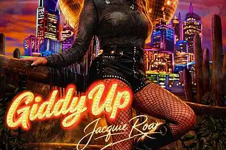 Jacquie Roar's "Giddy Up" single cover with vibrant cityscape and disco ball background.