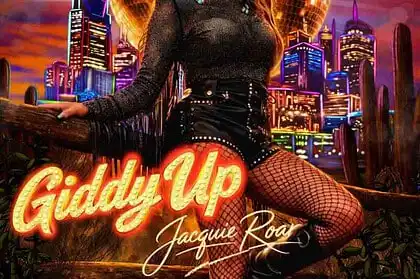 Jacquie Roar's "Giddy Up" single cover with vibrant cityscape and disco ball background.