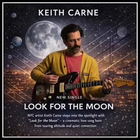 Keith Carne playing guitar with a cosmic moon background, promoting his new single "Look for the Moo.