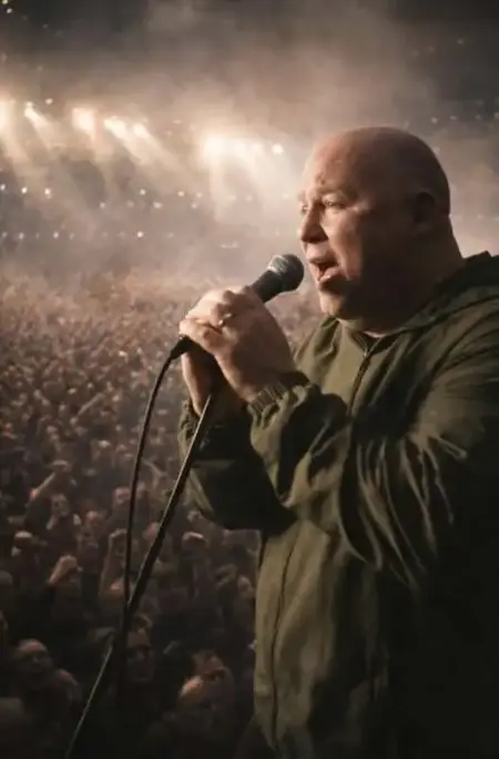 Mick Rochford singing into a microphone during a concert with a large audience.