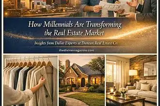 Young professionals discussing real estate in Dallas skyline.