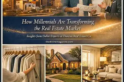 Young professionals discussing real estate in Dallas skyline.