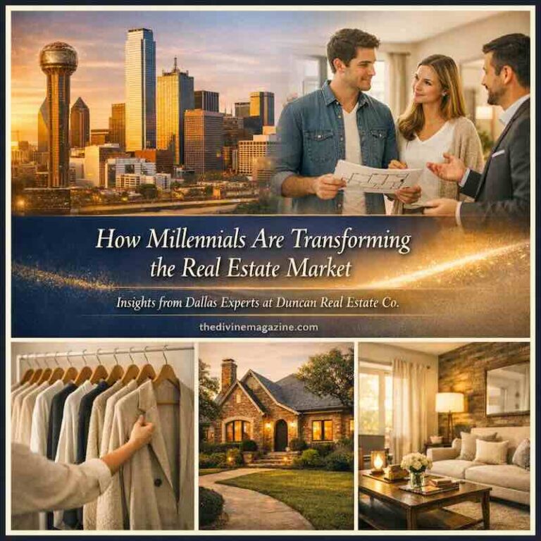 Young professionals discussing real estate in Dallas skyline.