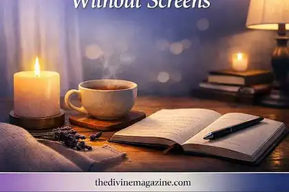 Cozy evening scene with candle, book, and tea for screen-free relaxation.