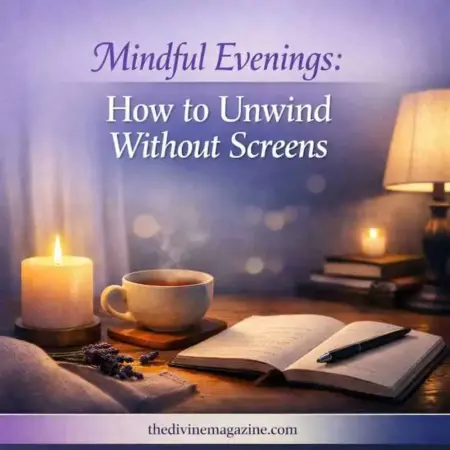 Cozy evening scene with candle, book, and tea for screen-free relaxation.
