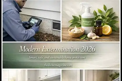 Modern pest control methods used around house foundations and interiors.