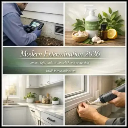 Modern pest control methods used around house foundations and interiors.