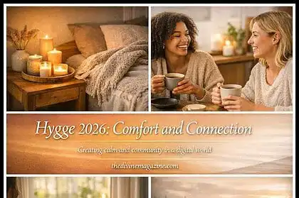 Warm cozy scene with candles, books, and friends enjoying Hygge lifestyle.