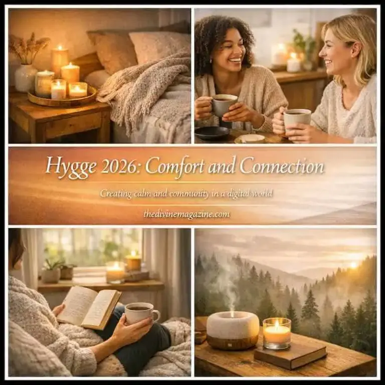 A Beginner’s Guide to Hygge: Comfort, Calm, and Connection Warm cozy scene with candles, books, and friends enjoying Hygge lifestyle.