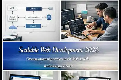 Team working on web application development with data charts and cloud infrastructure.