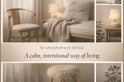 Cozy Scandinavian bedroom with neutral tones and soft lighting for a calm, intentional living space.