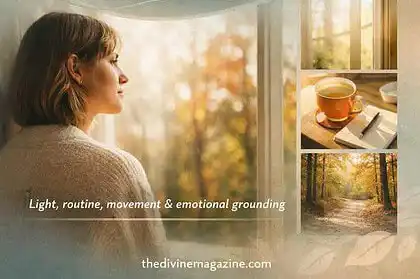 Woman looking out window during autumn, promoting mental health awareness.