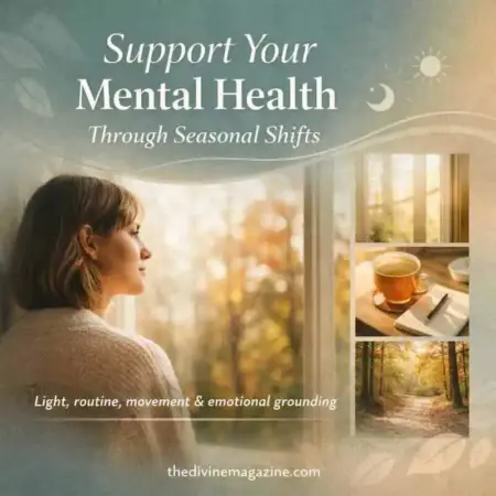 Woman looking out window during autumn, promoting mental health awareness.