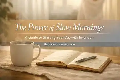 Woman stretching by window with coffee and journal, embracing slow mornings for mindful start.