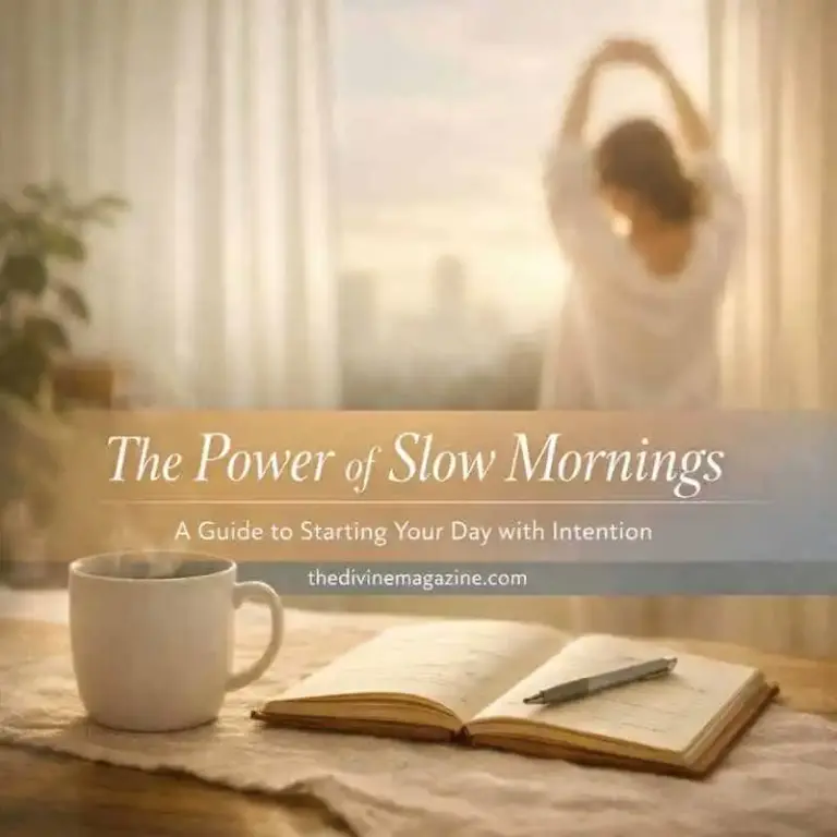 The Power of Slow Mornings: A Guide to Starting Your Day with Intention Woman stretching by window with coffee and journal, embracing slow mornings for mindful start.