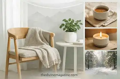 Scandinavian-inspired calm space with cozy chair, candle, and winter view.