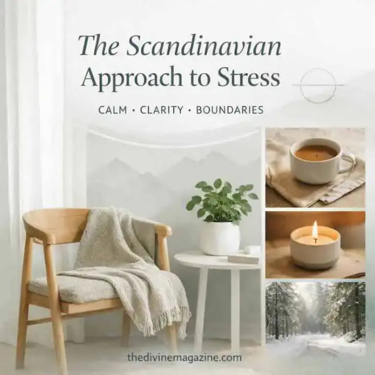 The Scandinavian Approach to Stress—Calm, Clarity & Boundaries 2026 Scandinavian-inspired calm space with cozy chair, candle, and winter view.