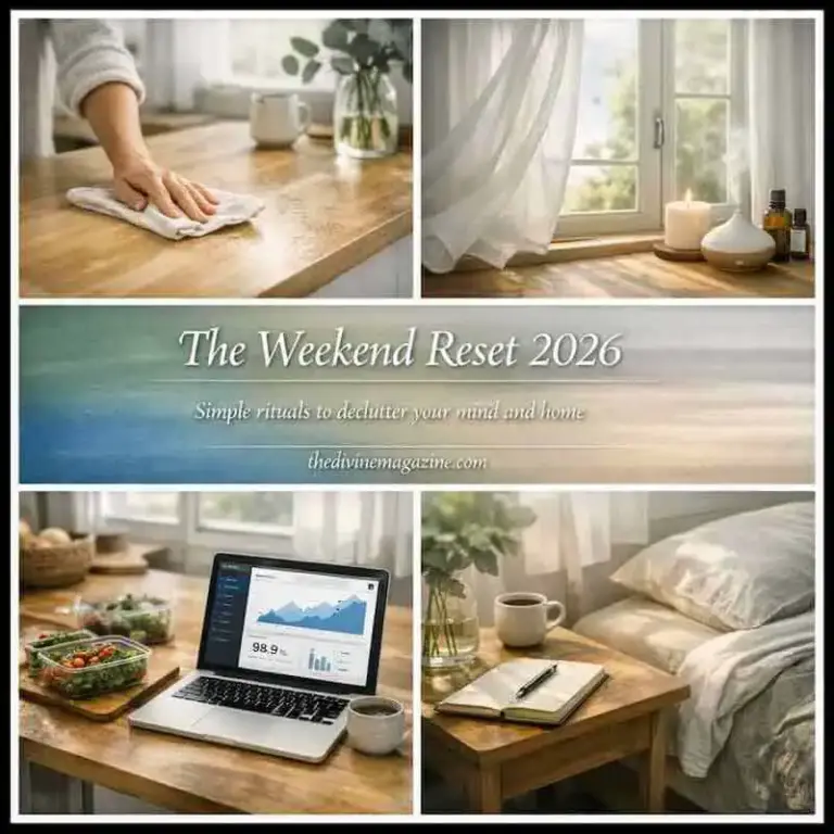 The Weekend Reset: Simple Rituals for a More Grounded Home Person wiping a wooden table with a cloth in a cozy, bright home setting.