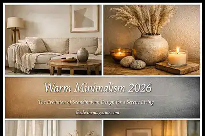 Cozy Scandinavian living room with neutral tones and soft lighting.