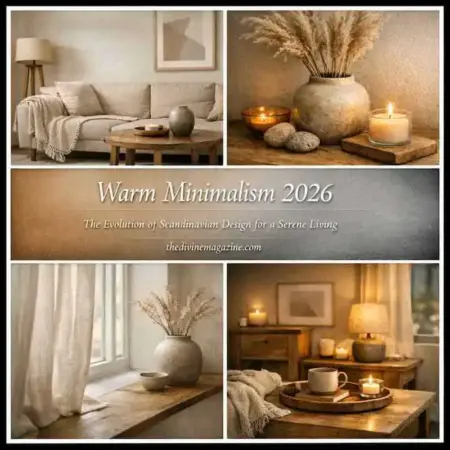 Cozy Scandinavian living room with neutral tones and soft lighting.