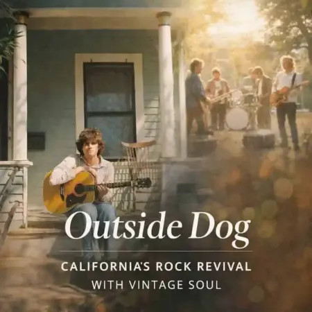 Young man playing acoustic guitar on porch during outdoor music event in California.