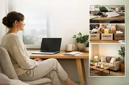 Woman meditating in a tidy, organized space promoting focus and mental clarity.
