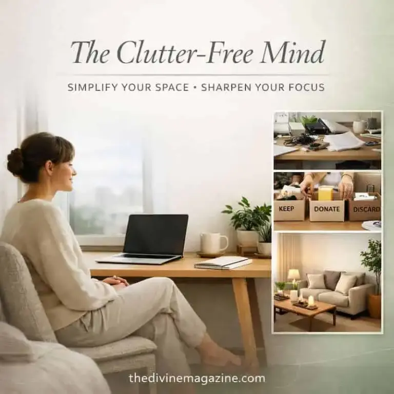 The Clutter‑Free Mind – How a Simple Space Boosts Focus Woman meditating in a tidy, organized space promoting focus and mental clarity.