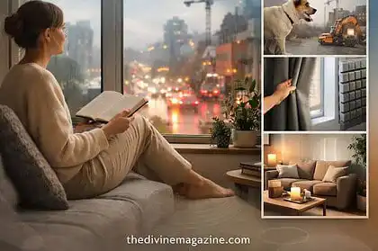Woman relaxing at home during noisy weather with window view of cityscape.
