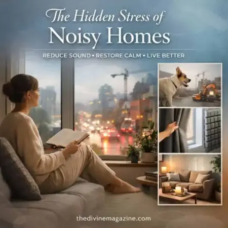 Woman relaxing at home during noisy weather with window view of cityscape.