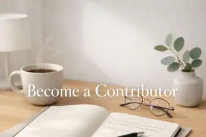 Modern Scandinavian writing desk with notebook and coffee cup – Become a Contributor