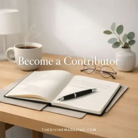 Modern Scandinavian writing desk with notebook and coffee cup – Become a Contributor
