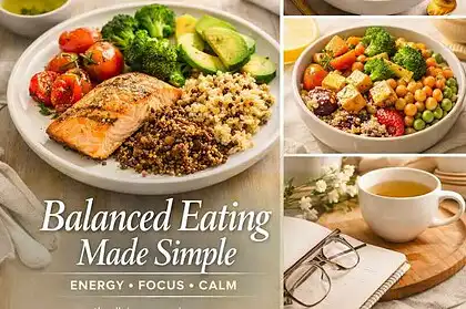 Healthy, colorful meal with salmon, quinoa, and vegetables for energy and calm.