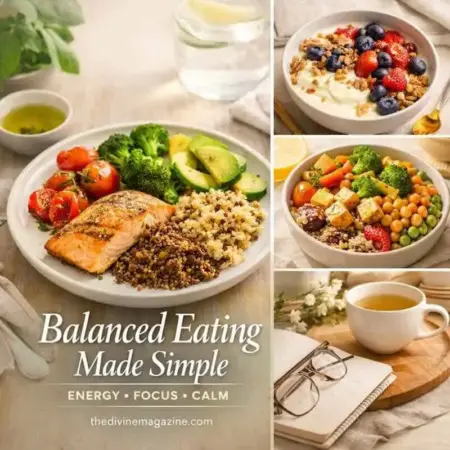 Healthy, colorful meal with salmon, quinoa, and vegetables for energy and calm.