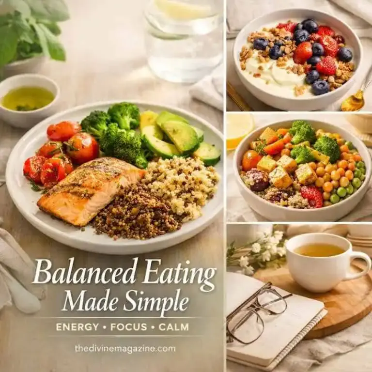 Balanced Eating Made Simple: Everyday Meals for Energy & Calm Healthy, colorful meal with salmon, quinoa, and vegetables for energy and calm.