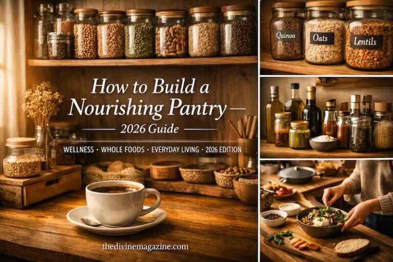 How to Build a Nourishing Pantry (2026 Guide) Image of a well-organized pantry with grains, oats, and lentils for a nourishing kitchen setup.