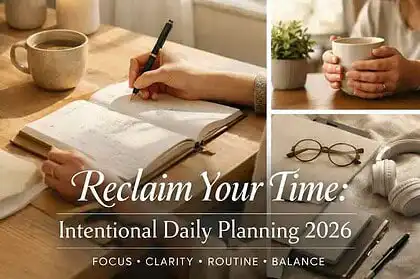 Woman planning daily schedule with notebook and coffee for 2026 goals.