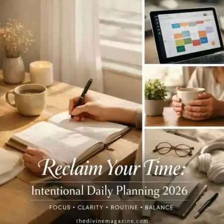 Woman planning daily schedule with notebook and coffee for 2026 goals.