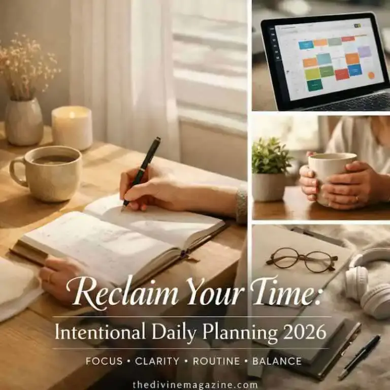 Reclaim Your Time: Intentional Daily Planning 2026 Guide Woman planning daily schedule with notebook and coffee for 2026 goals.