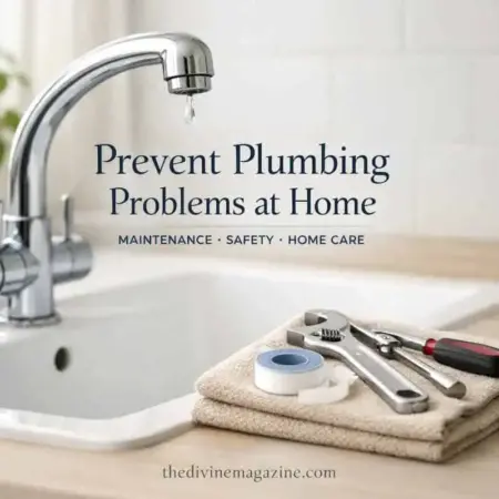 Plumbing faucet with tools and tape for home maintenance.